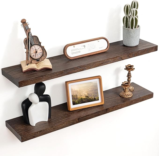 Floating Shelves for Wall Decor, 8 Inch Deep Rustic Solid Elm Wood Floating Shelves Wall Mounted, Wall Shelves with Invisible