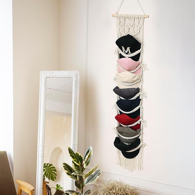 jontell Baseball Cap Storage Over Door-1 Pack-Boho Macrame Cap Holder Wall Hat Organizer for Baseball Cap Holder, Hat Rack fo