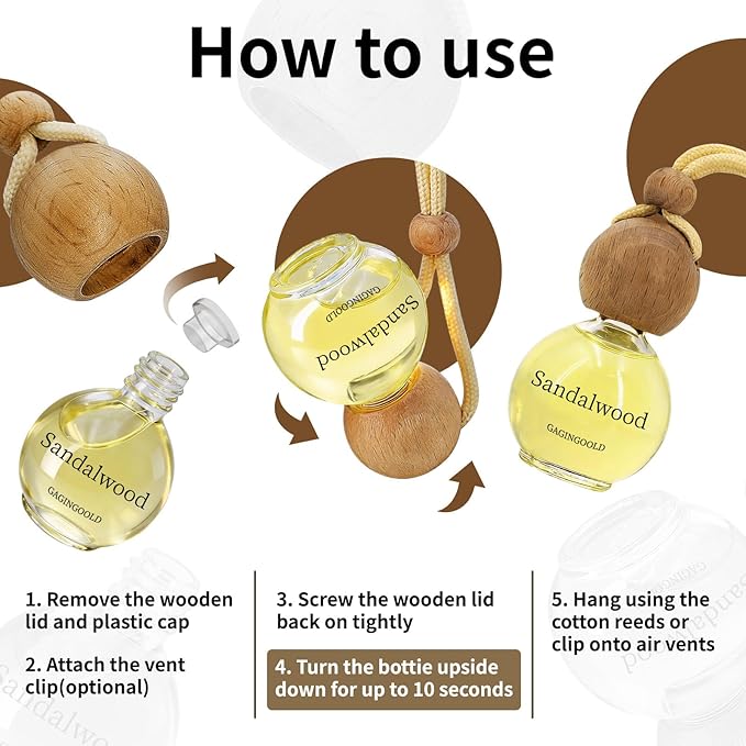 Car Air Freshener Hanging 2 Pack, Sandalwood & Terre Scent Essential Oil Diffuser Long Lasting Up to 150 Days, Cute Car Acces
