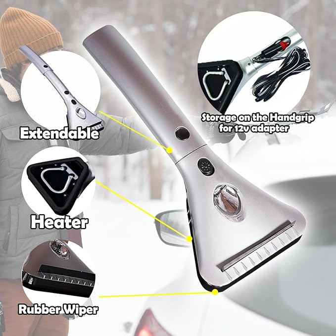 ZONETECH Heated Car Window Ice/Snow Scraper Extendable Auto Windshield Heated Scraper with LED Light,12V Electric Heating, Car Ice & Snow Removal Tool Christmas Gift Stocking Stuffer