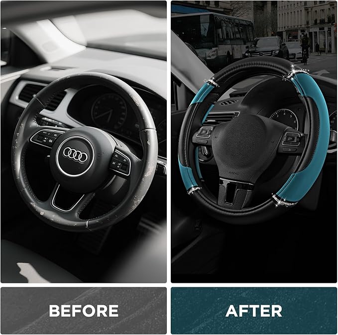 Road Comforts Leather Steering Wheel Cover - Made with PVC Leather - Anti-Slip, Universal Fit 14 1/2 inches to 15 inches - Da