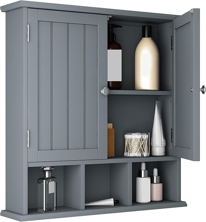 ChooChoo Bathroom Cabinet Wall Mounted 2-Door with 3 Open Shelves, Wooden Medicine Cabinets with Adjustable Shelf, Space Save
