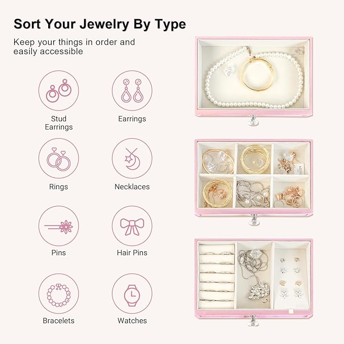 Gifturbo Pink Jewelry Box for Women Girl Wife 3 Layers Large Mirror Glass Jewelry Organizer Storage Case with Three Drawers D