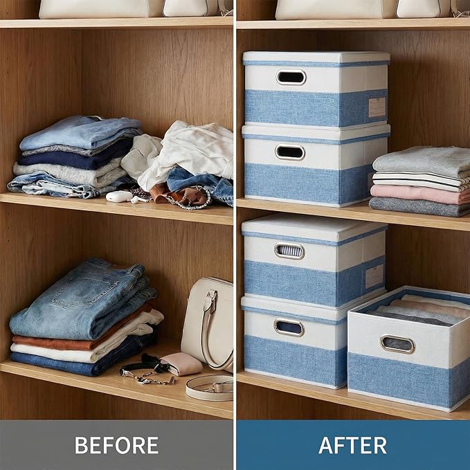 PRANDOM Storage Bins with Lids [3-Pack] Linen Fabric Foldable Storage Boxes Organizer Containers Baskets Cube with Cover for 