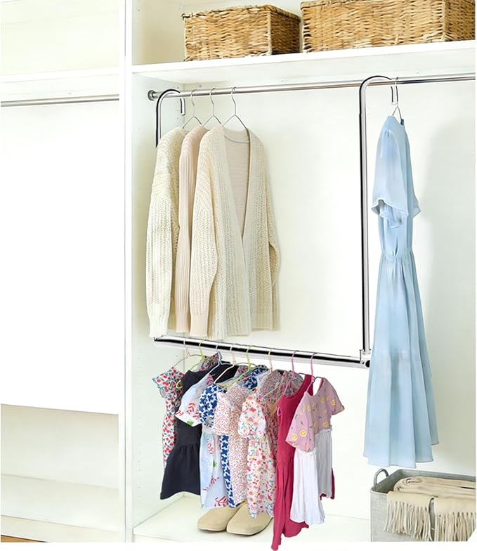 Closet Hanging Rod, Adjustable Width and Height Space-Saving Clothes Hanging Bar, 2 Pack Chrome
