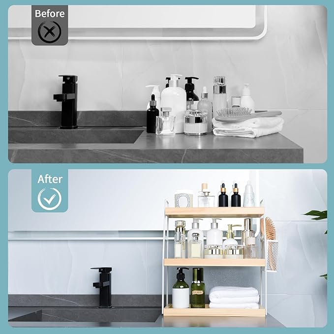 Uneviesyka Bathroom Counter Organizer, 3-Tier Standing Storage Shelf with Basket, Wood Tray for Skincare Vanity Organizer(Whi