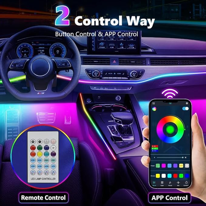 Ambient Lighting Car Led Lights Interior,57in USB Dreamcolor 2 in 1 Acrylic Neon Flexible Strip Fiber Optic LED Ambient Lighting Kits with Remote APP, RGB Music Lights Sync for Inside car Decorations