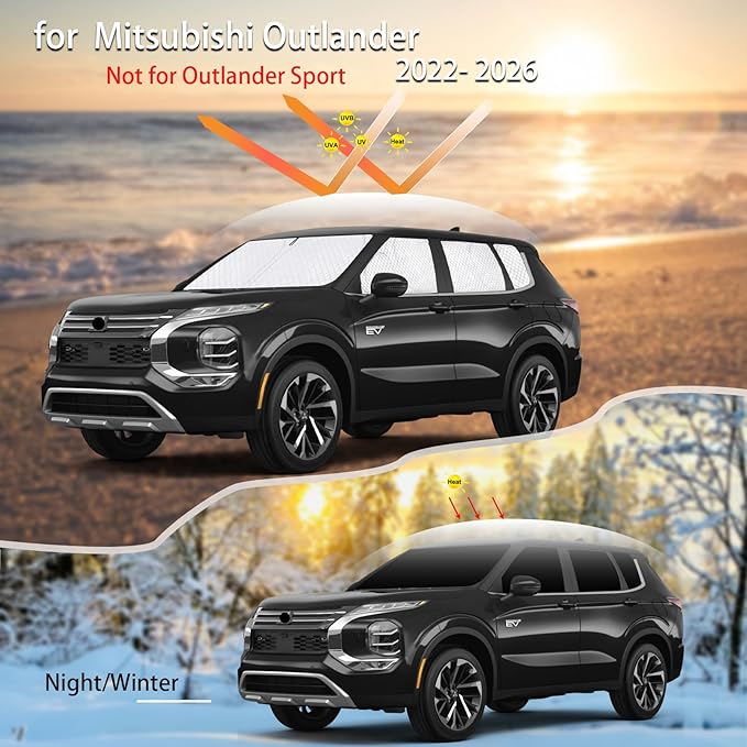 KMF 8pcs Thicken Sun Shades for Mitsubishi Outlander(Not Sport) 2022-2026 Accessories, Full Car Window Covers Sunshade for Windshield Side Rear, UV Block and Blackout Privacy for Car Camping Outdoor