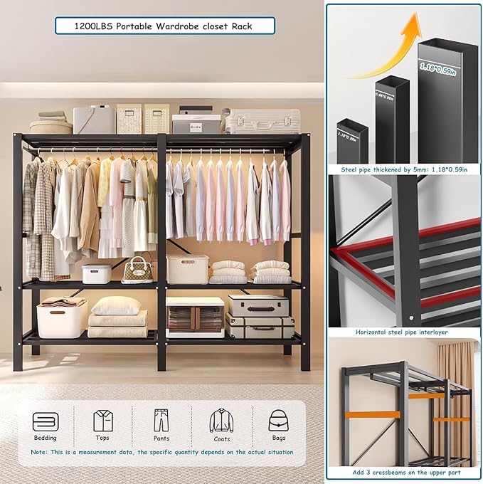 Heavy Duty Covered Clothes Rack with Magnetic Door 1500LBS Foldable Portable Wardrobe Closet for Hanging Clothing Rolling Bla