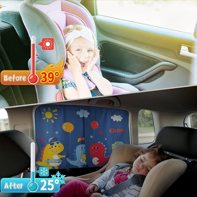 Car Window Shades, 2 PCS Magnetic Double Layer Sun Shade, Side Windows Privacy, Full Covers/Half Shade Options, Cute Dinosaurs, Compatible with Car, SUV, Minivan