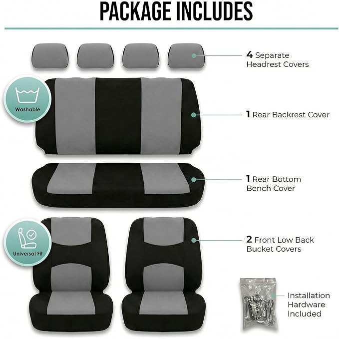 FH Group Bright Flat Cloth Full Set Automotive Seat Covers Front Set and Rear Solid Bench Gray Black Seat Covers w. Gift Univ