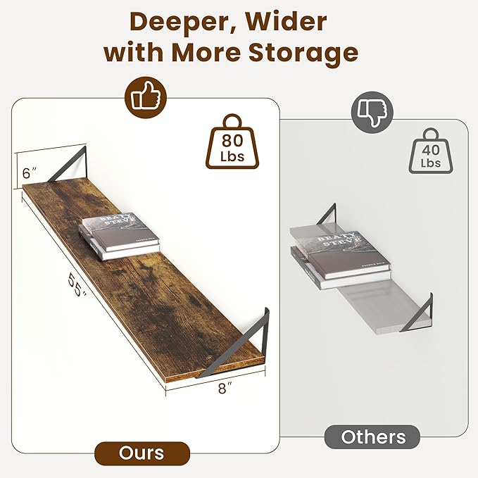 55" Long Wall Mounted Floating Shelves,8 inch Deep Floating Shelf with Metal Brackets Set of 2,Easy-to-Install Wall Decor Sto