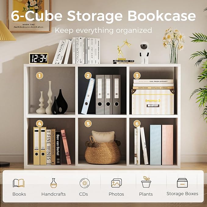 COMHOMA 6 Wood Cube Storage Organizer with Open Back and Removable Back Panels, 11In White Cube Storage Bookshelf, Cubicle Sh