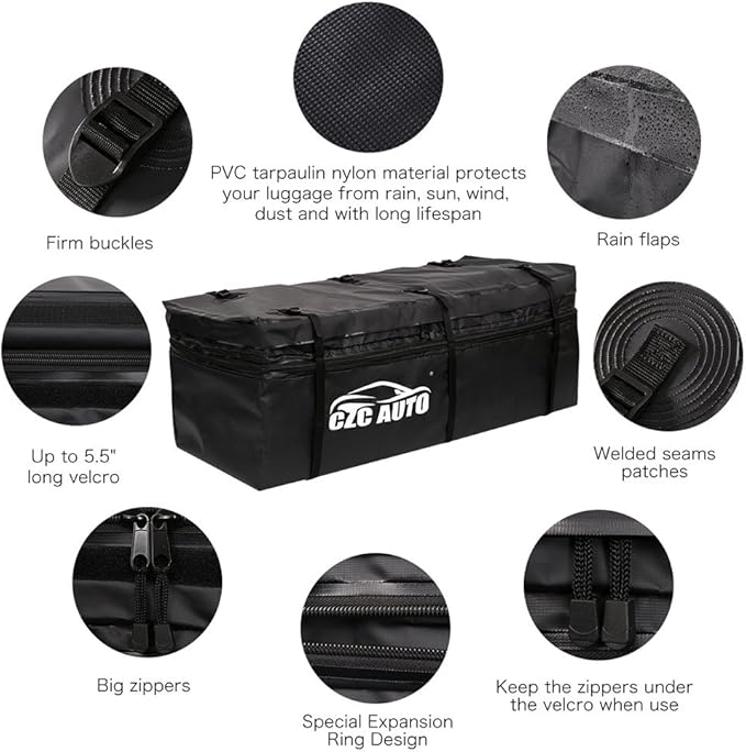 CZC AUTO Expandable Hitch Cargo Carrier Bag 9.5 cu. ft Extends to 11.6 cu. ft, Waterproof/Rainproof/Weatherproof, for Car Truck SUV Vans' Hitch Trays Hitch Baskets, Safe Steady Durable Soft Black