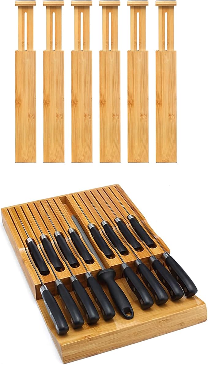 VaeFae Adjustable Bamboo Drawer Dividers and Knife Drawer Organizer Insert Bundle