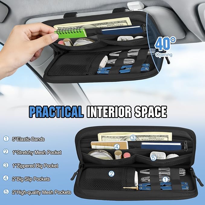HUANLANG Car Sun Visor Organizer, Tactical Car Accessories with Zipper Storage Pouch, Glasses Clip Card Sleeve Pocket, Multi-Pocket Visor Organizer Fits Most Cars, SUVs, Trucks