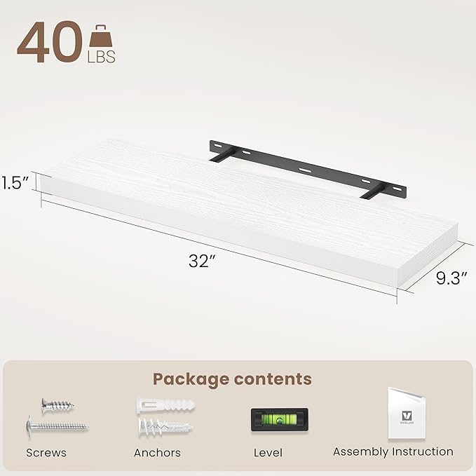 Vivelove White Floating Shelves 32 Inches Long, Wall Display Shelves with Invisible Brackets, for Bathroom Living Room Kitche