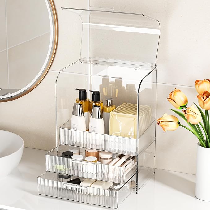 GearFusion 3 Tier Clear Cosmetic Organizer, Makeup Display Case with Lid & Drawers, Countertop Dresser Vanity Storage Box, Be