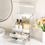 GearFusion 3 Tier Clear Cosmetic Organizer, Makeup Display Case with Lid & Drawers, Countertop Dresser Vanity Storage Box, Be