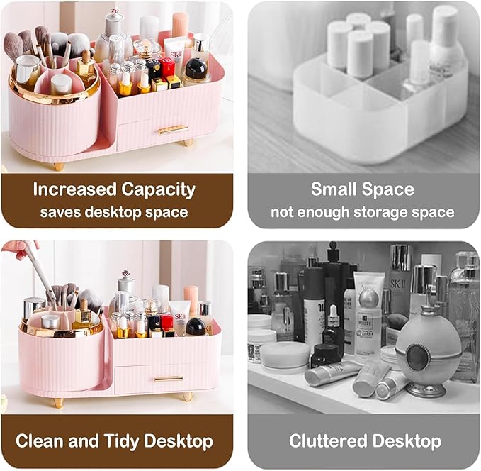 Rotating Makeup Organizer for Vanity with Brush Holder and Drawer, Cosmetic Makeup Storage, Large Spinning Makeup Skincare Or