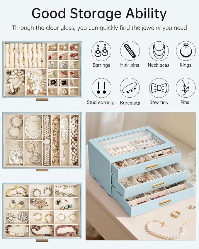 AKOZLIN Jewelry Box with Clear Lid Functional Leather Jewelry Storage Organizer Case 3 Drawers for Women Girls Necklace Ring 