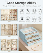 AKOZLIN Jewelry Box with Clear Lid Functional Leather Jewelry Storage Organizer Case 3 Drawers for Women Girls Necklace Ring 