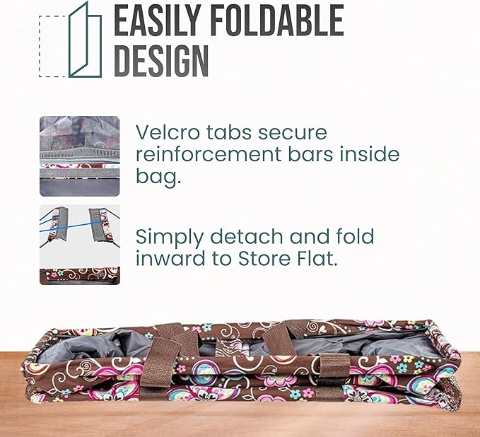 Extra Large Utility Tote Bag - Oversized Collapsible Reusable Wire Frame Rectangular Canvas Basket With Two Exterior Pockets For Beach, Pool, Laundry, Car Trunk, Storage - Brown Daisy