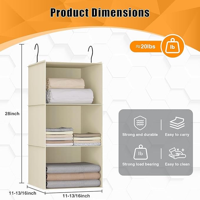 Hanging Closet Organizer and Storage 3-Shelf, Easy Mount Foldable Hanging Closet Wardrobe Storage Shelves, Clothes Handbag Sh