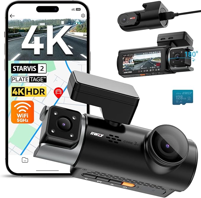 IIWEY 4K Dash Cam 3 Channel, Triple STARVIS 2 Sensors (IMX678 Front, IMX675 Cabin & Rear), 4K+2K+1080P HDR, Night Vision 3.0,