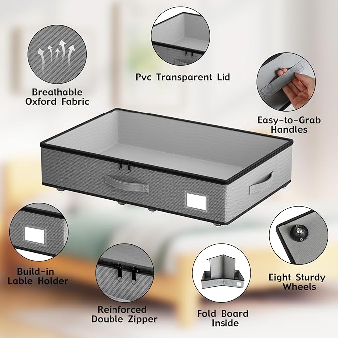 Under Bed Storage with Wheels, No Assemble Required 5.5 inches height grey under bed storage bins,Low Profile Rolling Underbe
