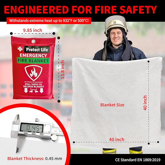 Protect Life Saving Emergency Fire Blankets 1 Pack - 40"x40", Fiberglass Fire Blanket for Home & Kitchen - Fire Suppression o