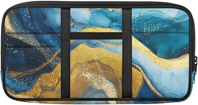 Blue-Gold Zippered Car Sun Visor Organizer Compact All-Inclusive with Straps and Pockets Sun Visor Glasses Storage Box with Picture Holder Easy Installation Universal Fit for Most Cars SUV
