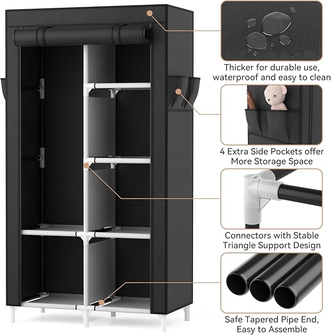 ROJASOP Portable Closet Wardrobe Closet for Hanging Clothes with 6 Storage Shelves, 1 Hanging Rod and 4 Pockets, Free Standin