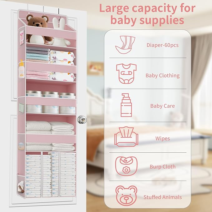 TAHAVICE 1 PC Pink Over the Door Organizer with 1 Large Capacity Caddy, 4 Shelf & 10 Mesh Side Pockets, Pink Stuff Hanging St