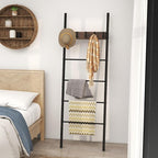S AFSTAR Wall Leaning Blanket Ladder, 5-Tier Ladder Shelf with 5 Removable Hooks, Industrial Blanket Holder Rack, Drying and 