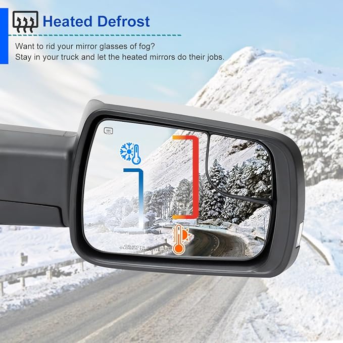 Spec-D Tuning Chrome Power Fold Heated + Puddle + Blind Spot Monitor Right Passenger Side Mirror Compatible with 2019-2024 Ram 1500, Left + Right Pair