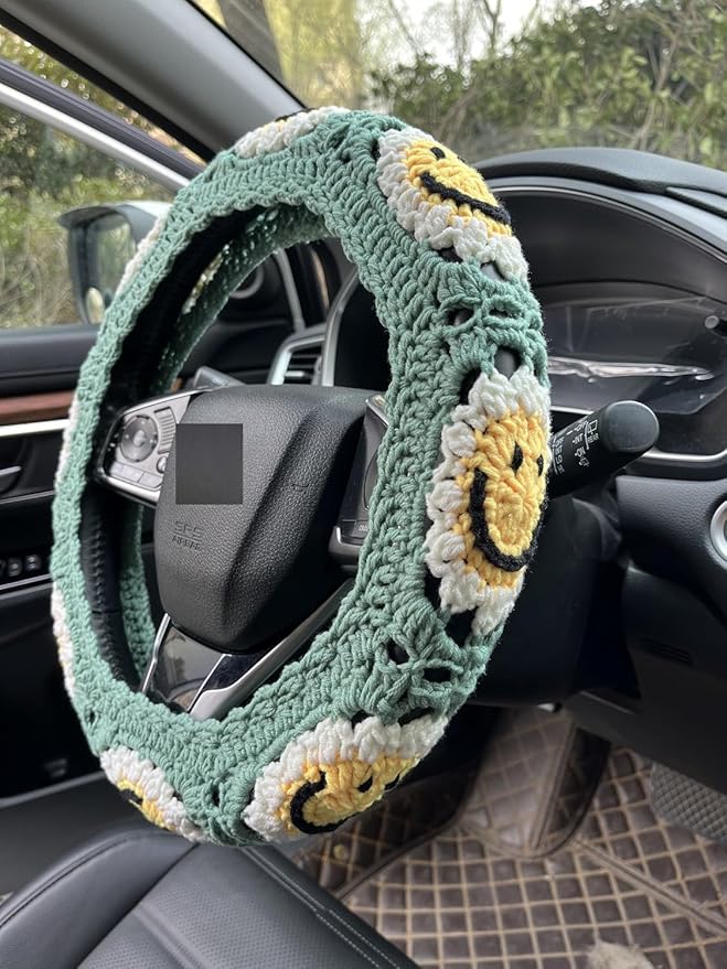 Handmade Crochet Sun Smiling face Car Steering Wheel Covers Universal 14-15 inch,Cute Steering Wheel Cover,Car Accessories (Sun Steering Wheel Cover)