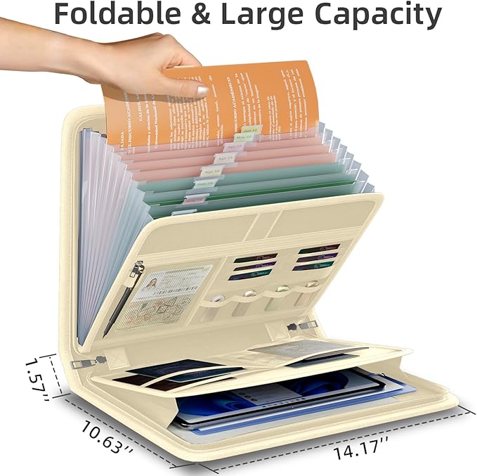 Fireproof Accordion File Organizer, Portable Expanding File Folder with Waterproof Zipper&Labels, Khaki Document Organizer wi