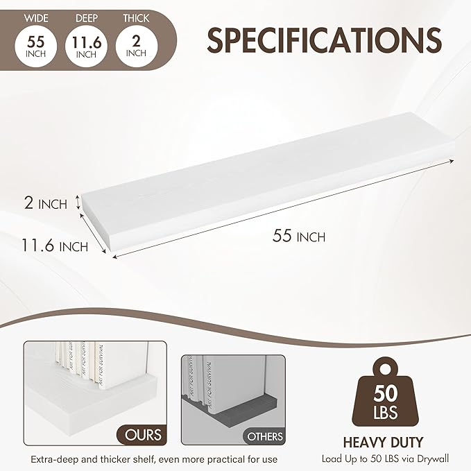 55 Inch Floating Shelves, 12" Deep Floating Shelf Wall Mounted, 55" Wall Shelves, Rustic Deep Bookshelf, Extra Deeper & Thick