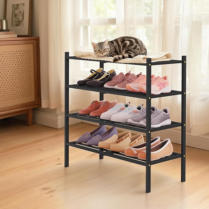 Smiry Bamboo Shoe Rack 4-Tier, Stackable Wooden Shoe Organizer for Entryway & Closet, Free Standing Wood Shoe Storage Shelf f