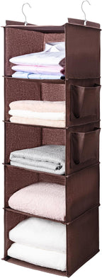 BOOMIBOO Hanging Closet Organize and Shelves，5-Hanging Shelf with 2 Side Pockets，Storage Foldable （Browm）