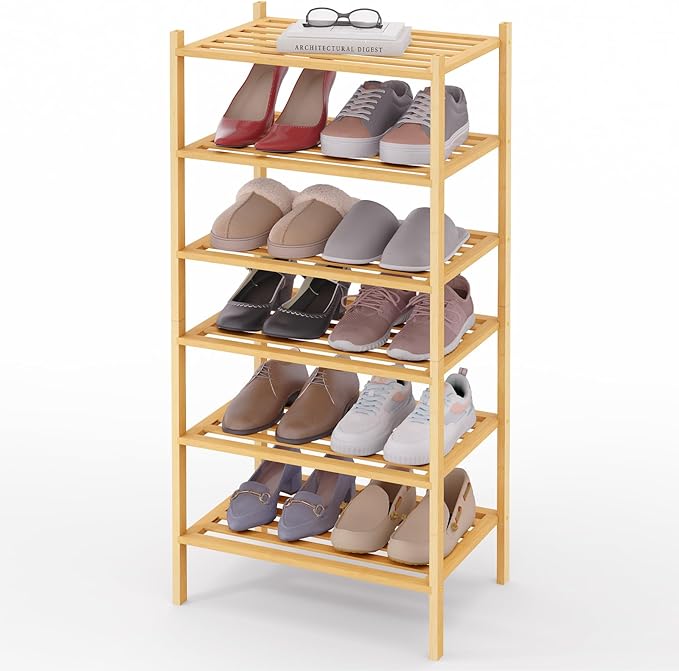 Smiry Small Bamboo Shoe Rack 6-Tier, Stackable Wooden Shoe Organizer for Entryway & Closet, Free Standing Wood Shoe Storage S