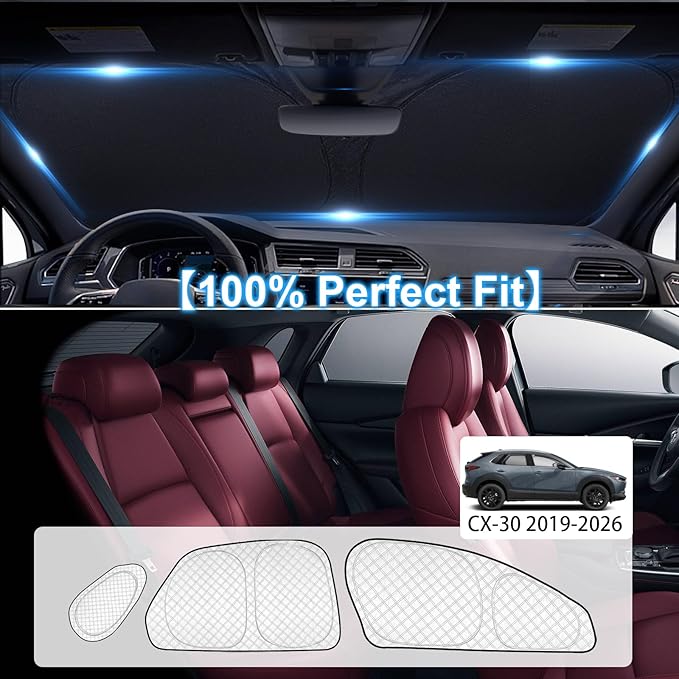 KMF 8pcs Thicken Sun Shades for Mazda CX-30 Accessories 2019-2026, Custom Fit Windshield Sunshade Full Car Window Covers for Side Rear, UV Block and Blackout Protect Privacy for Car Camping Outdoor