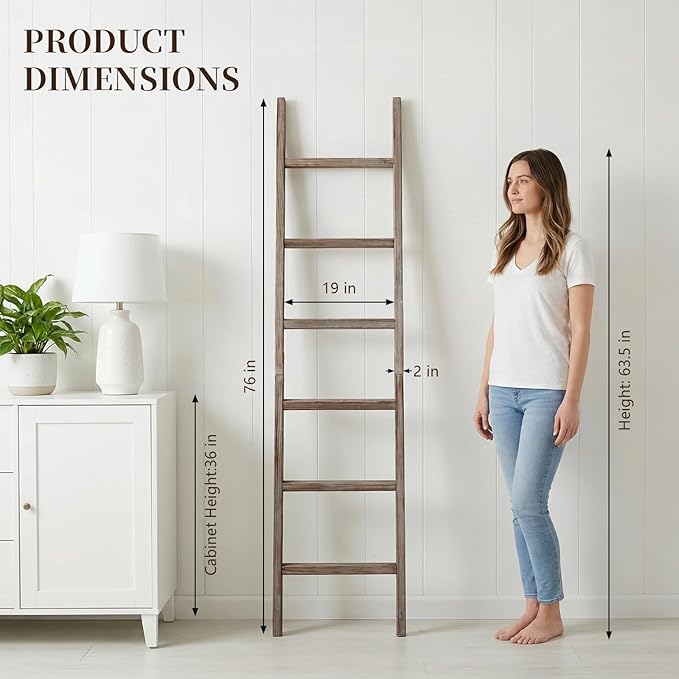 Blanket Ladder 76in Wooden Ladder Shelf Living Room Bathroom Bedroom Decorative Wall Leaning Farmhouse Quilt Display Holder R