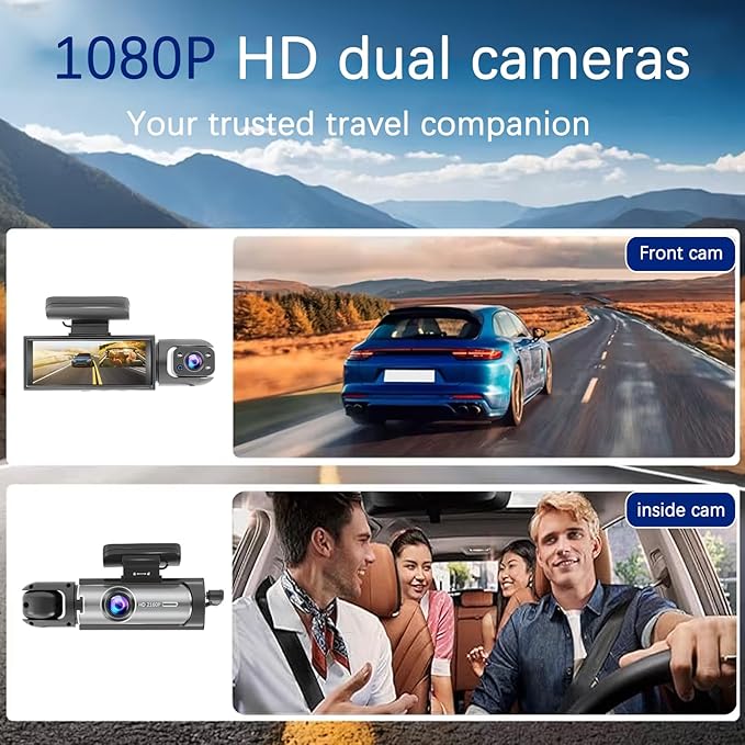 Dash Cam Front and Inside, 1296P Dual DashCams for Car, 3.16 Inch IPS Screen Driving Recorder with IR Night Vision, Loop Reco