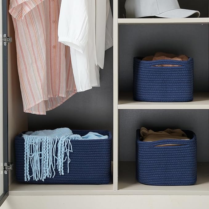 3-Pack Storage Baskets for Organizing | Woven Shelf Toy Basket | Rope Baskets for Gifts Empty | Closet Organizer Bins with Ha
