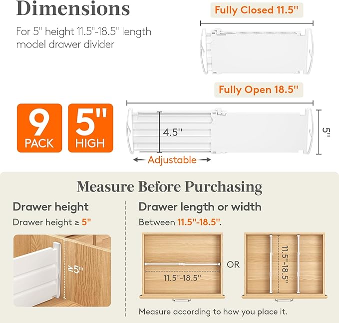 Lifewit 5" Tall 9 Pack Drawer Dividers, 30-47cm/11.5-18.5" Expandable Drawer Divider for Clothes, Adjustable Dresser Drawer O