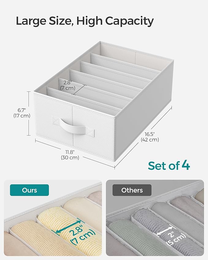 SONGMICS Set of 4 Large Size Wardrobe Clothes Organizers, 6-Compartment Foldable Drawer Organizers with Handles, 16.5 x 11.8 