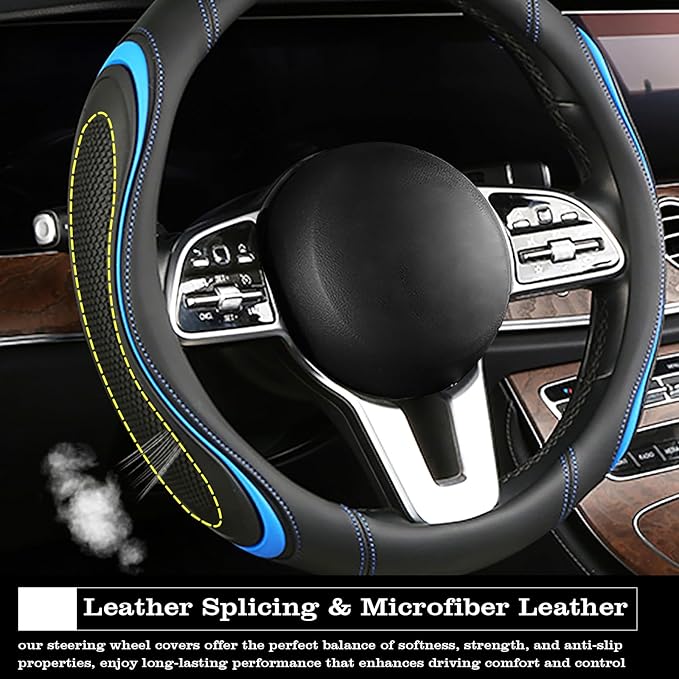 Leather Splicing Black Blue Car Steering Wheel Cover,14.5-15 Inch Universal Microfiber Leather Covers Breathable Anti-Slip Od