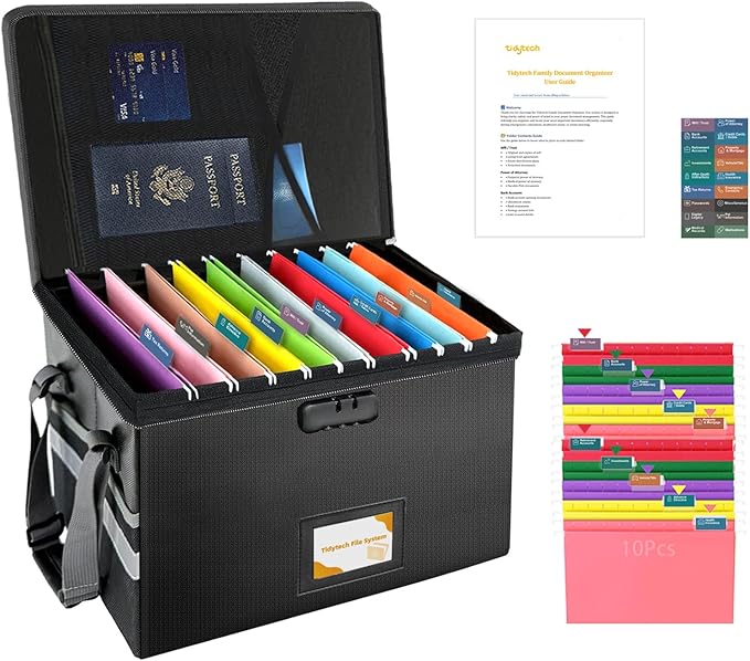 Large Next of Kin Box Organizer with Smart Labels, Fireproof Foldable File Organizer with Combination Lock, 10 Hanging Files 